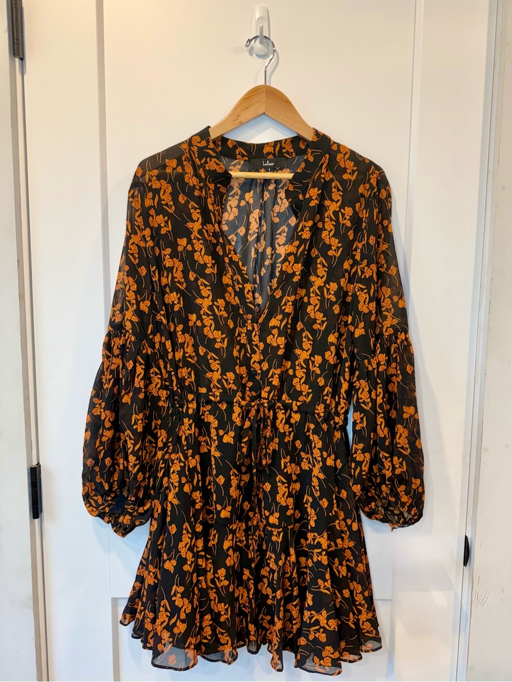 Lulu's Black Dress with Orange Floral Print - Long Sleeve Mini